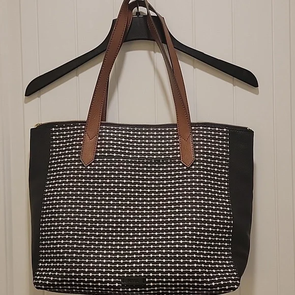 Fossil Vegan Leather Handbag Black Dotted Tote - Picture 7 of 11